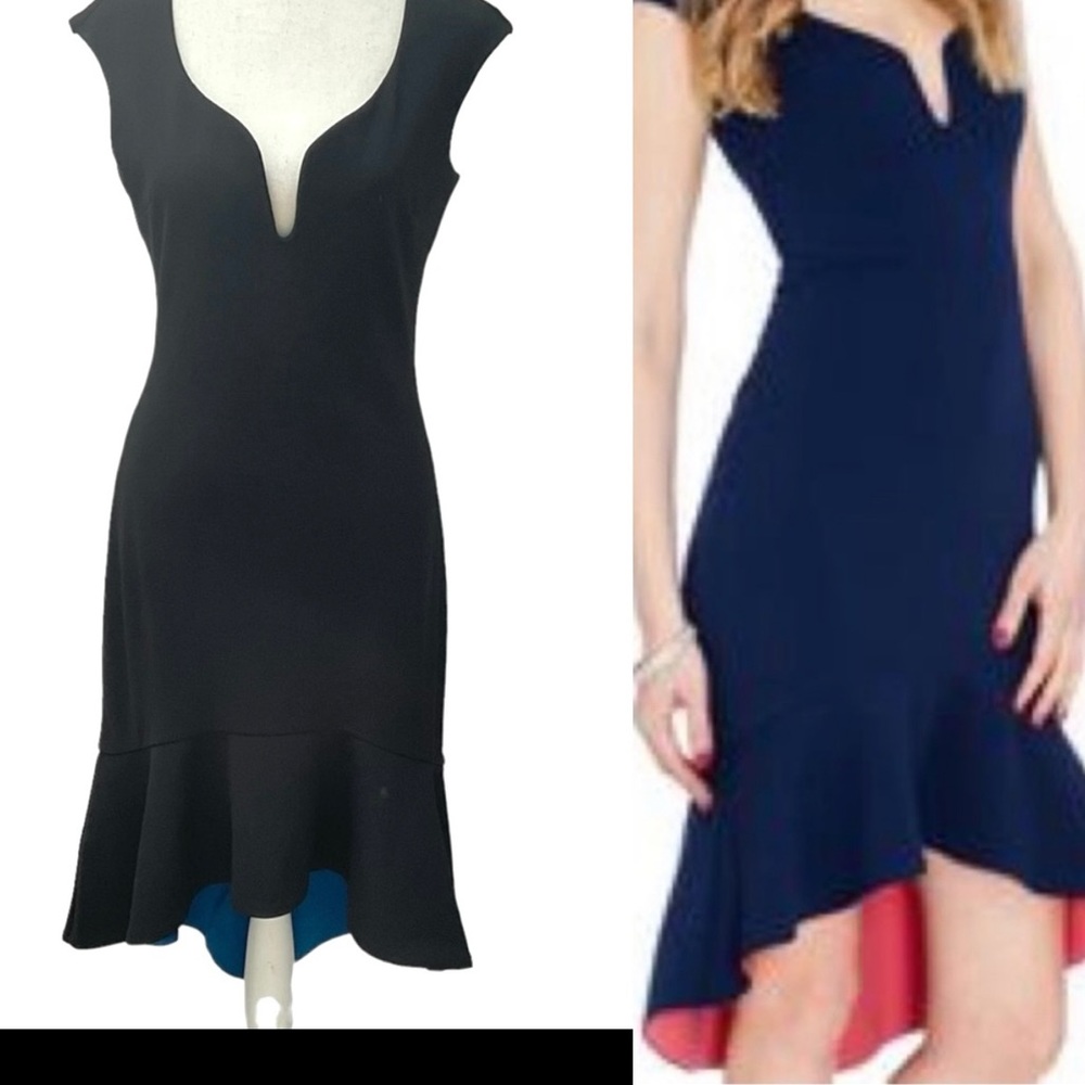 Goddiva London Black Low V-Neck Body-con Heavy Weight Black Blue Dress, US 8